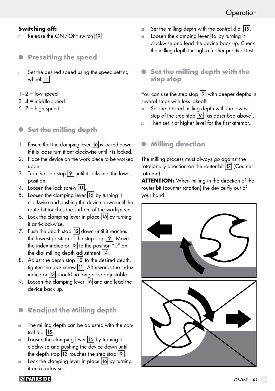 Operation, Start-up / operation, Presetting the speed | Set the milling depth, Readjust the milling depth, Set the milling depth with the step stop, Milling direction | Parkside POF 1200 A1 User Manual | Page 41 / 55