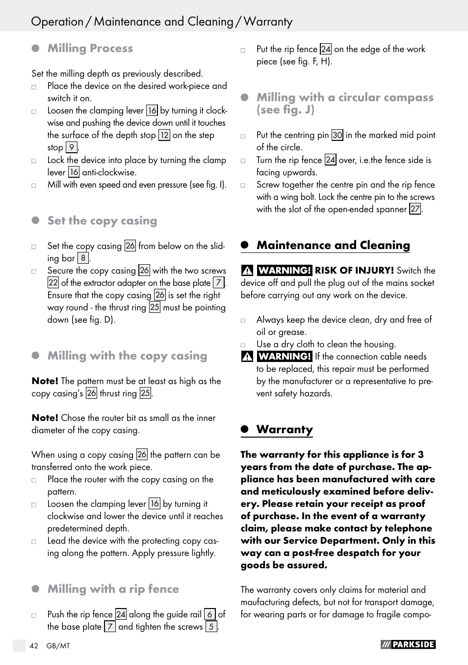 Milling process, Set the copy casing, Milling with the copy casing | Milling with a rip fence, Milling with a circular compass (see fig. j), Maintenance and cleaning, Warranty | Parkside POF 1200 A1 User Manual | Page 42 / 55