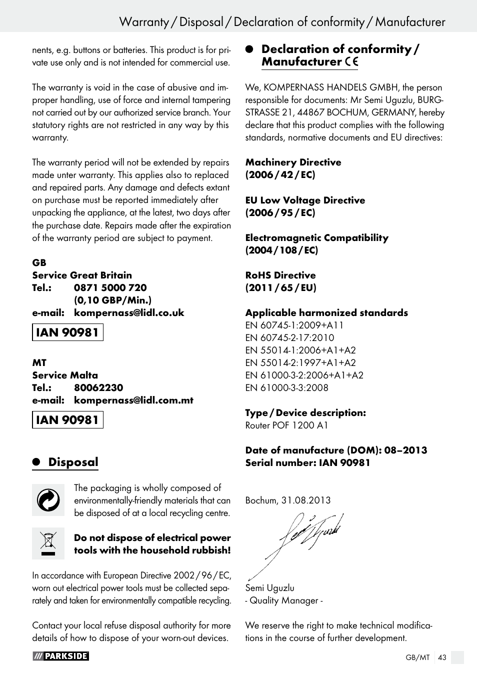 Parkside POF 1200 A1 User Manual | Page 43 / 55