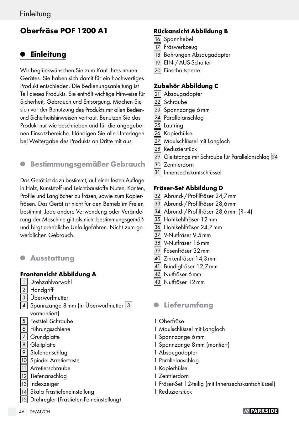 Bestimmungsgemäßer gebrauch, Ausstattung, Lieferumfang | Parkside POF 1200 A1 User Manual | Page 46 / 55