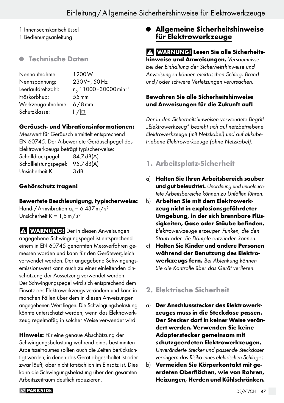 Technische daten, Arbeitsplatz-sicherheit, Elektrische sicherheit | Parkside POF 1200 A1 User Manual | Page 47 / 55