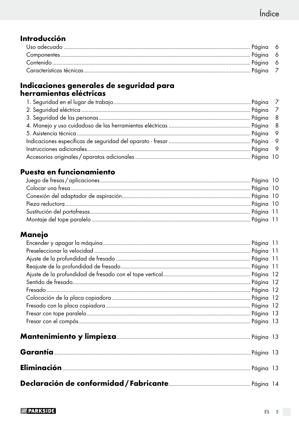 Índice | Parkside POF 1200 A1 User Manual | Page 5 / 55