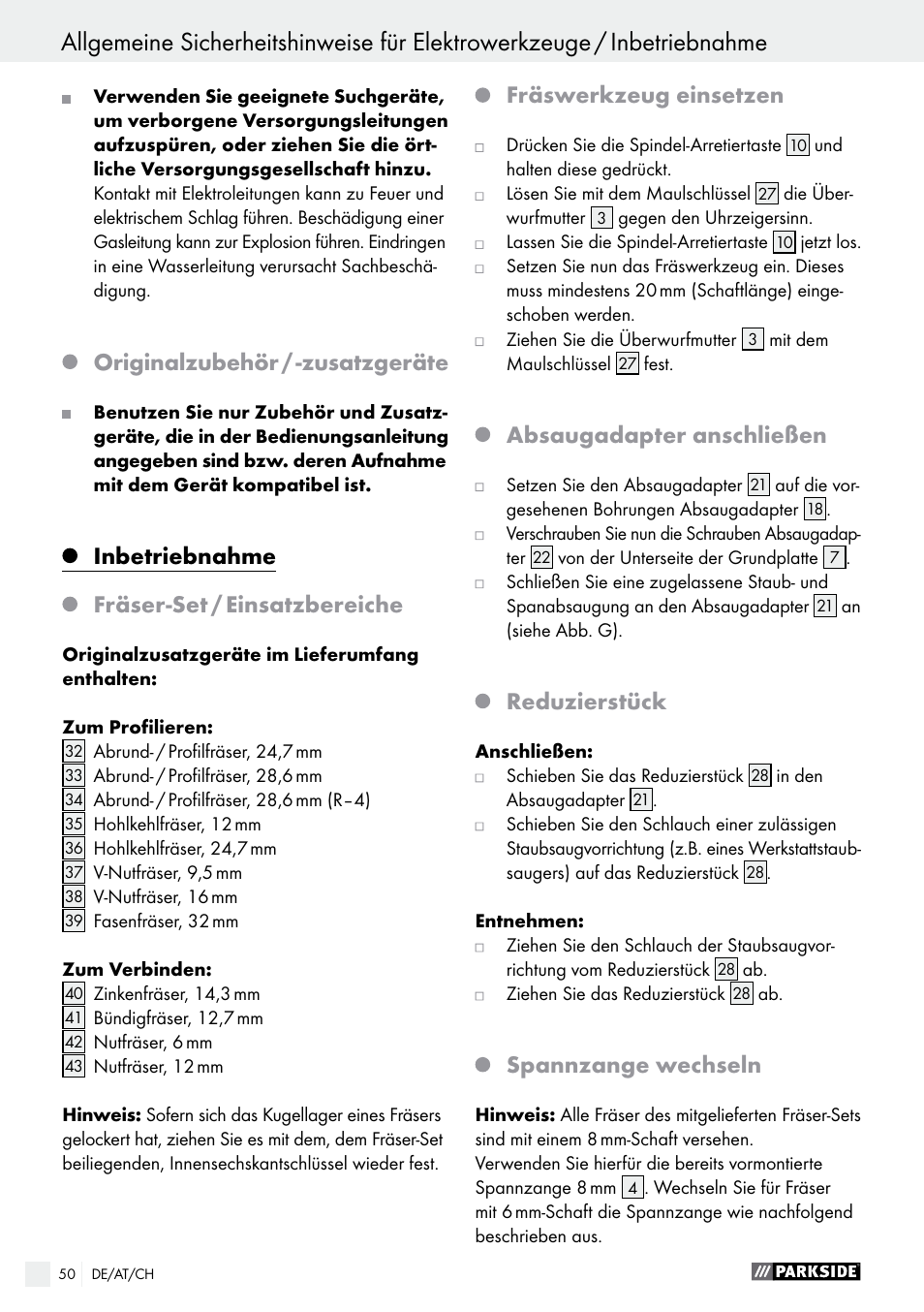 Originalzubehör / -zusatzgeräte, Inbetriebnahme fräser-set / einsatzbereiche, Fräswerkzeug einsetzen | Absaugadapter anschließen, Reduzierstück, Spannzange wechseln | Parkside POF 1200 A1 User Manual | Page 50 / 55