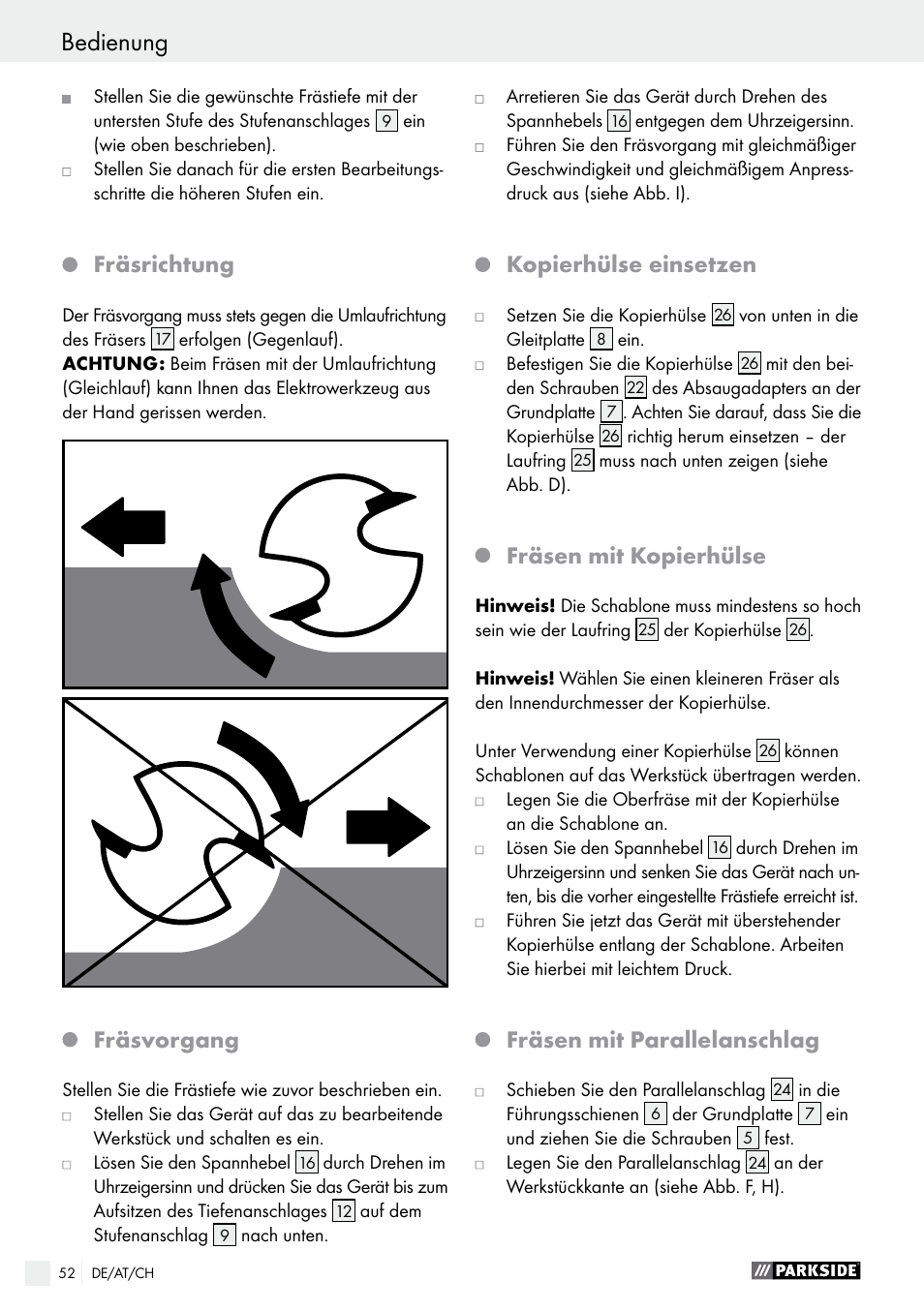 Fräsrichtung, Fräsvorgang, Kopierhülse einsetzen | Fräsen mit kopierhülse, Fräsen mit parallelanschlag | Parkside POF 1200 A1 User Manual | Page 52 / 55