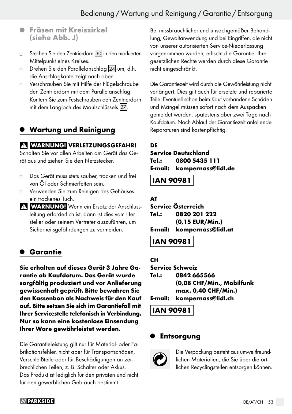 Parkside POF 1200 A1 User Manual | Page 53 / 55
