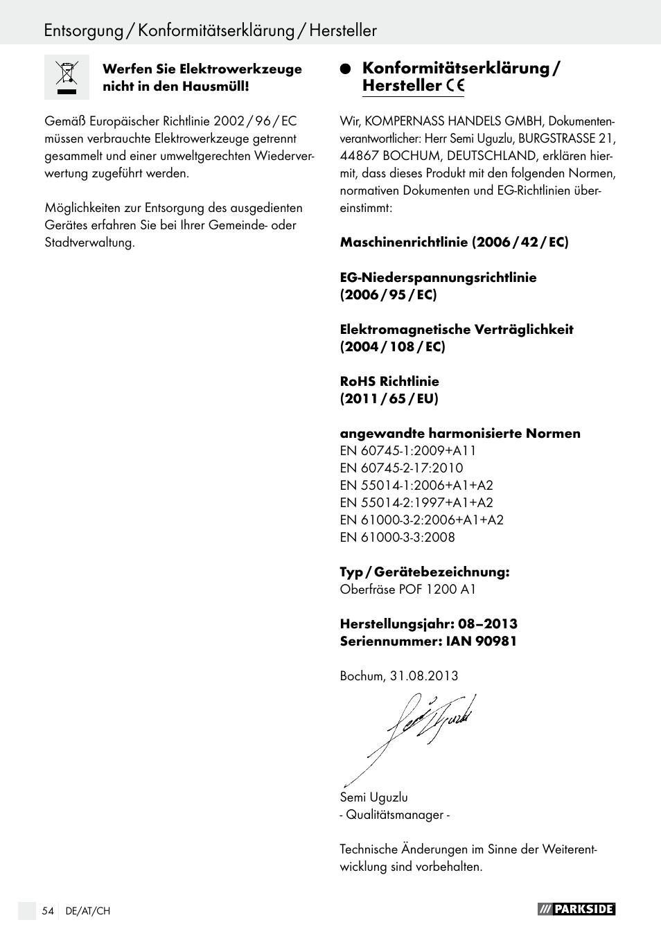 Entsorgung / konformitätserklärung / hersteller, Konformitätserklärung / hersteller | Parkside POF 1200 A1 User Manual | Page 54 / 55