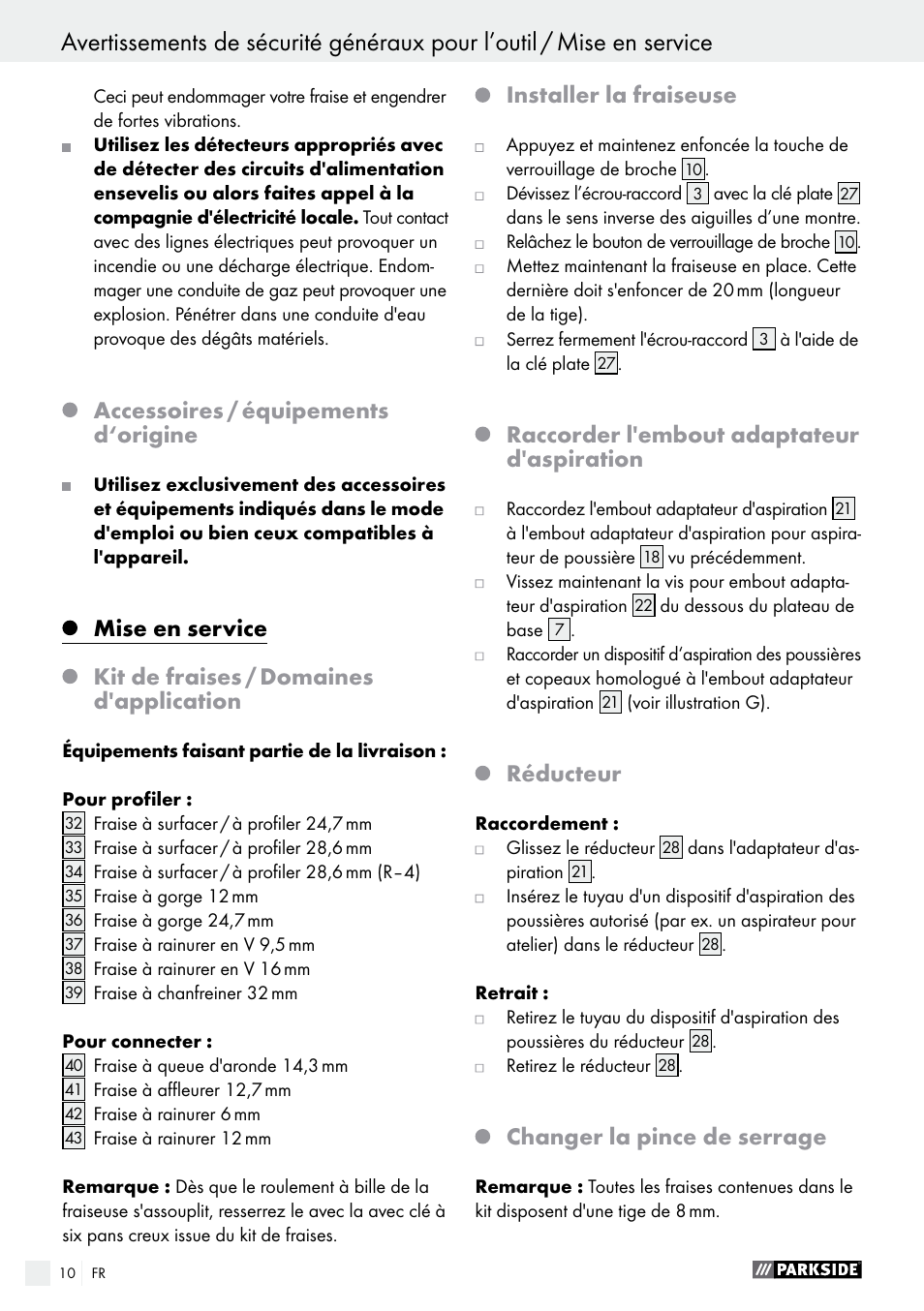 Accessoires / équipements d‘origine, Installer la fraiseuse, Raccorder l'embout adaptateur d'aspiration | Réducteur, Changer la pince de serrage | Parkside POF 1200 A1 User Manual | Page 10 / 34