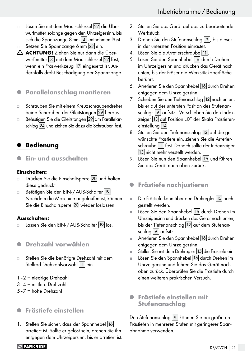 Parallelanschlag montieren, Bedienung ein- und ausschalten, Drehzahl vorwählen | Frästiefe einstellen, Frästiefe nachjustieren, Frästiefe einstellen mit stufenanschlag | Parkside POF 1200 A1 User Manual | Page 21 / 34
