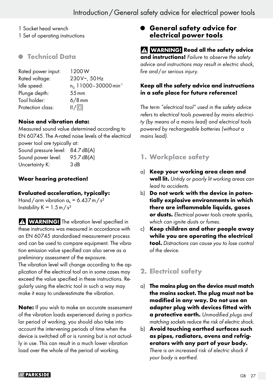 Technical data, General safety advice for electrical power tools, Workplace safety | Electrical safety | Parkside POF 1200 A1 User Manual | Page 27 / 34