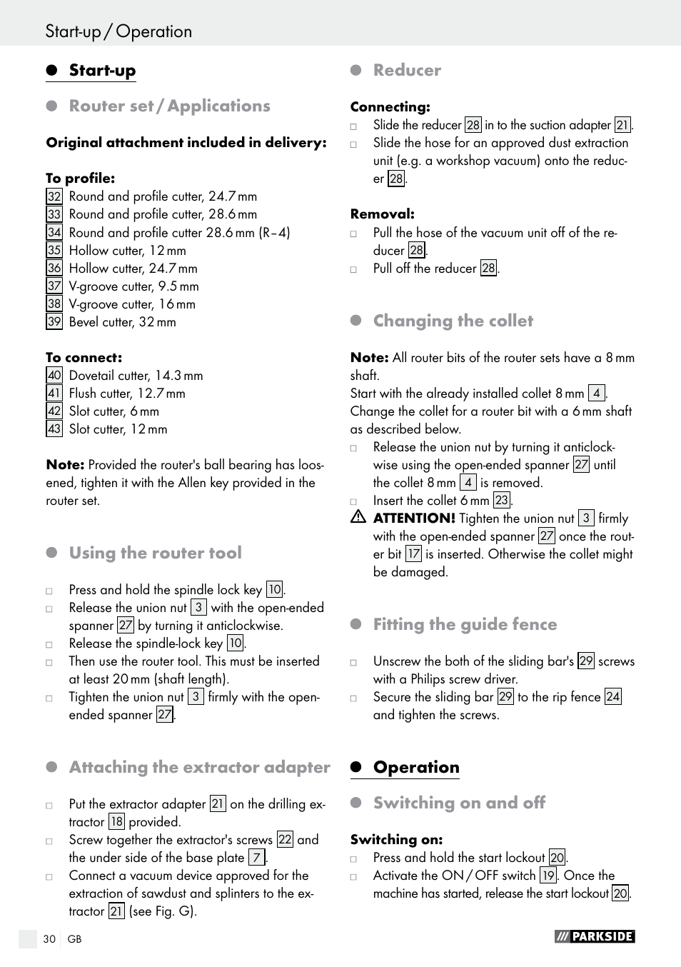 Operation start-up / operation, Start-up router set / applications, Using the router tool | Attaching the extractor adapter, Reducer, Changing the collet, Fitting the guide fence, Operation switching on and off | Parkside POF 1200 A1 User Manual | Page 30 / 34