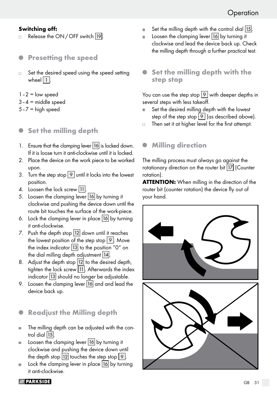 Operation, Start-up / operation, Presetting the speed | Set the milling depth, Readjust the milling depth, Set the milling depth with the step stop, Milling direction | Parkside POF 1200 A1 User Manual | Page 31 / 34
