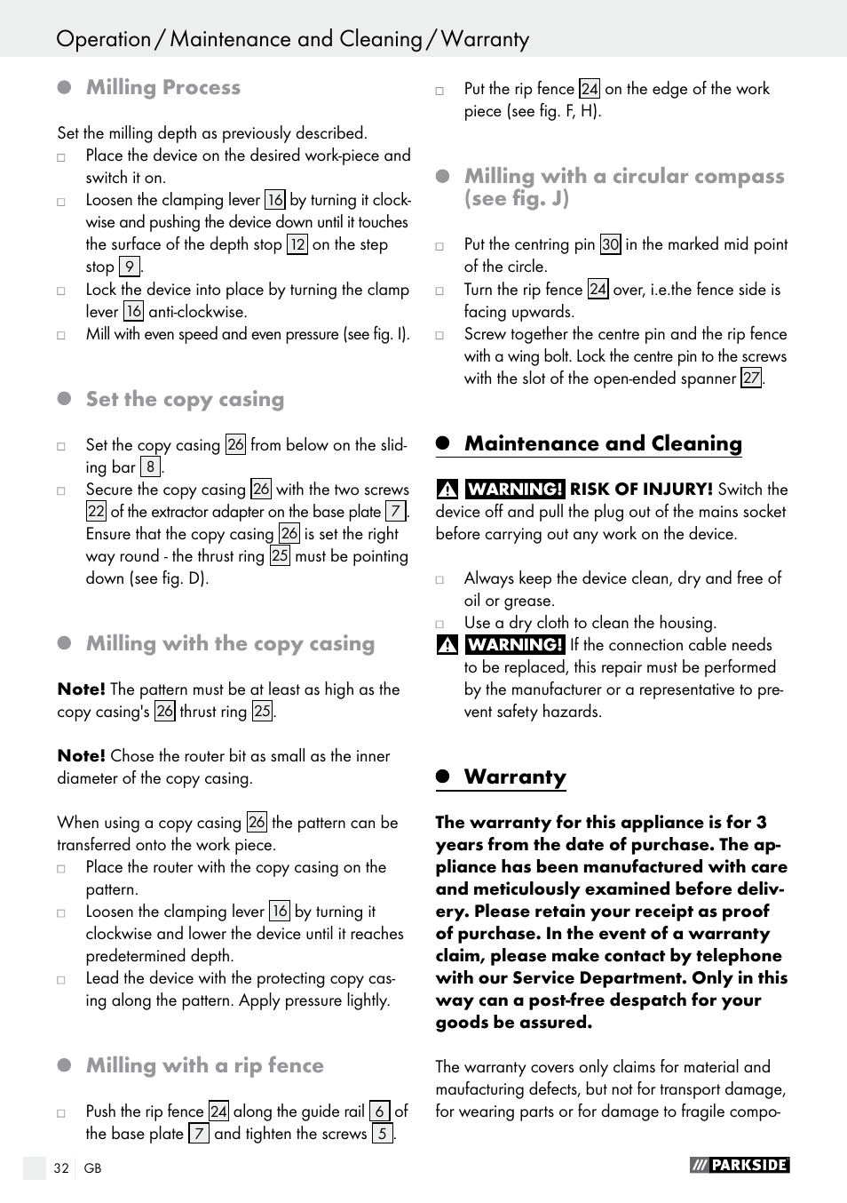 Milling process, Set the copy casing, Milling with the copy casing | Milling with a rip fence, Milling with a circular compass (see fig. j), Maintenance and cleaning, Warranty | Parkside POF 1200 A1 User Manual | Page 32 / 34