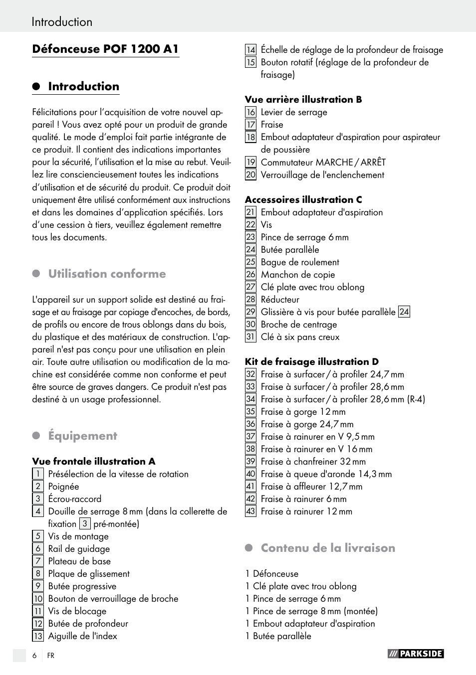 Utilisation conforme, Équipement, Contenu de la livraison | Parkside POF 1200 A1 User Manual | Page 6 / 34