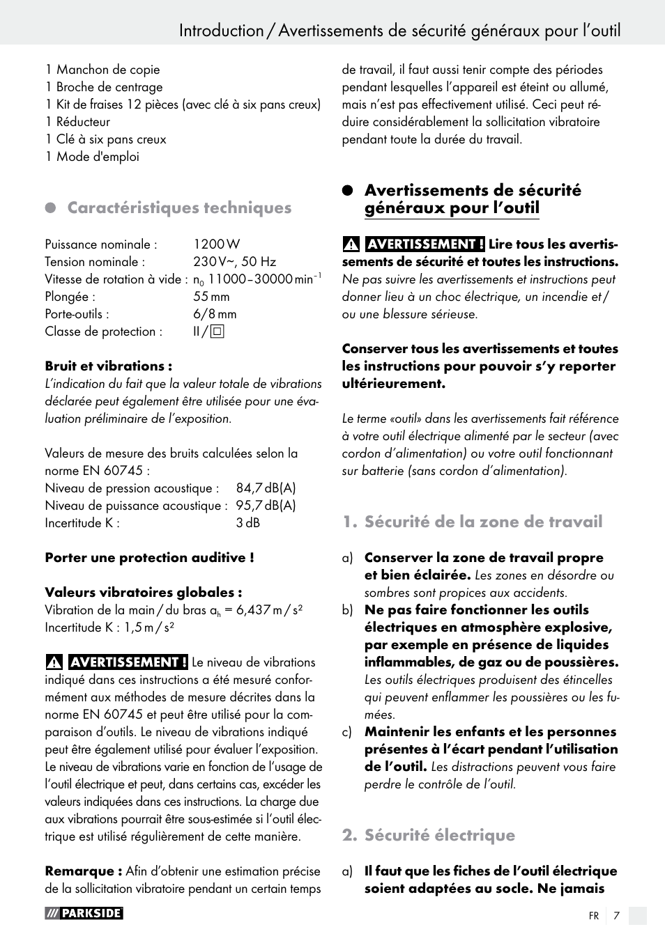 Caractéristiques techniques, Avertissements de sécurité généraux pour l’outil, Sécurité de la zone de travail | Sécurité électrique | Parkside POF 1200 A1 User Manual | Page 7 / 34