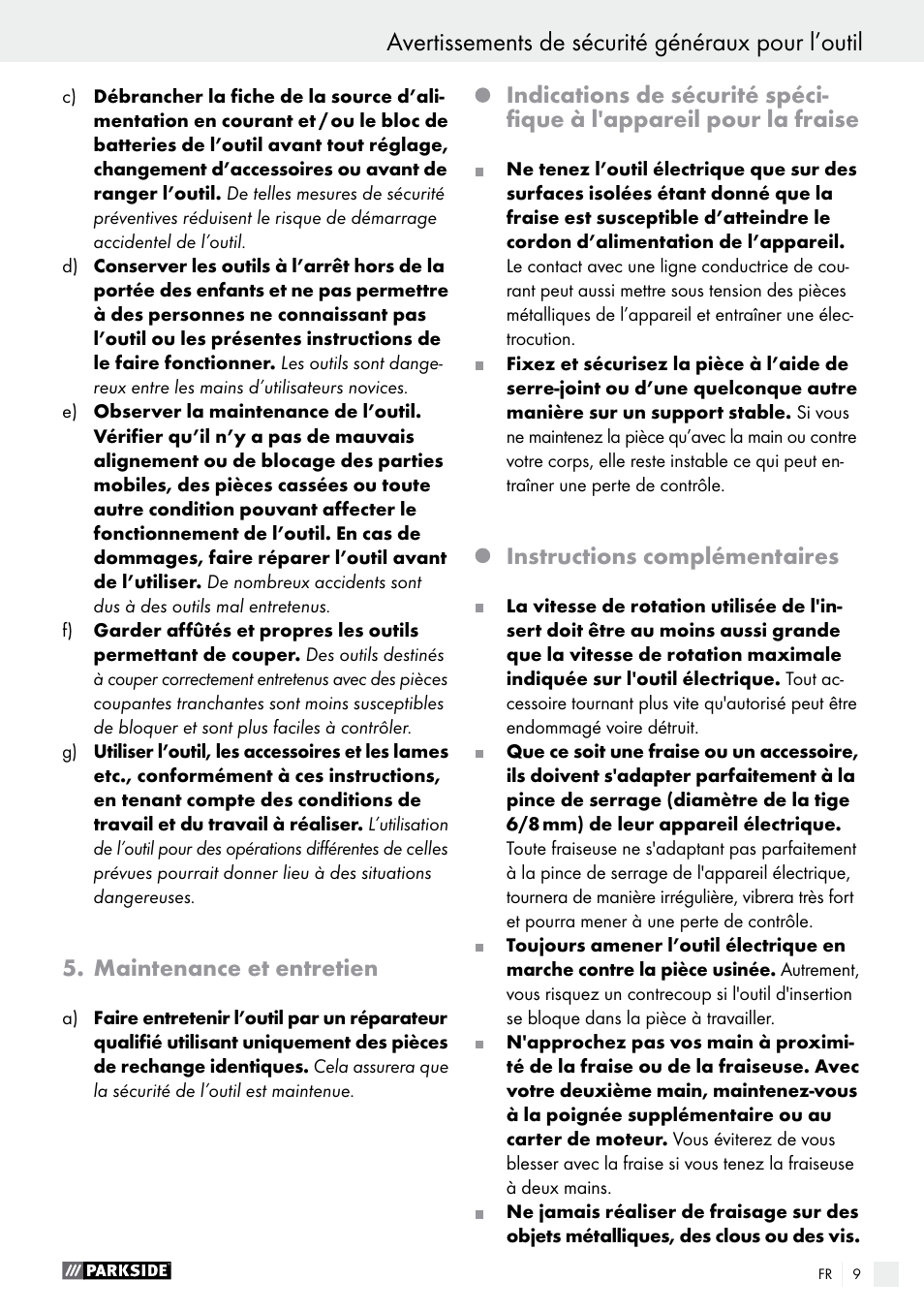 Avertissements de sécurité généraux pour l’outil | Parkside POF 1200 A1 User Manual | Page 9 / 34