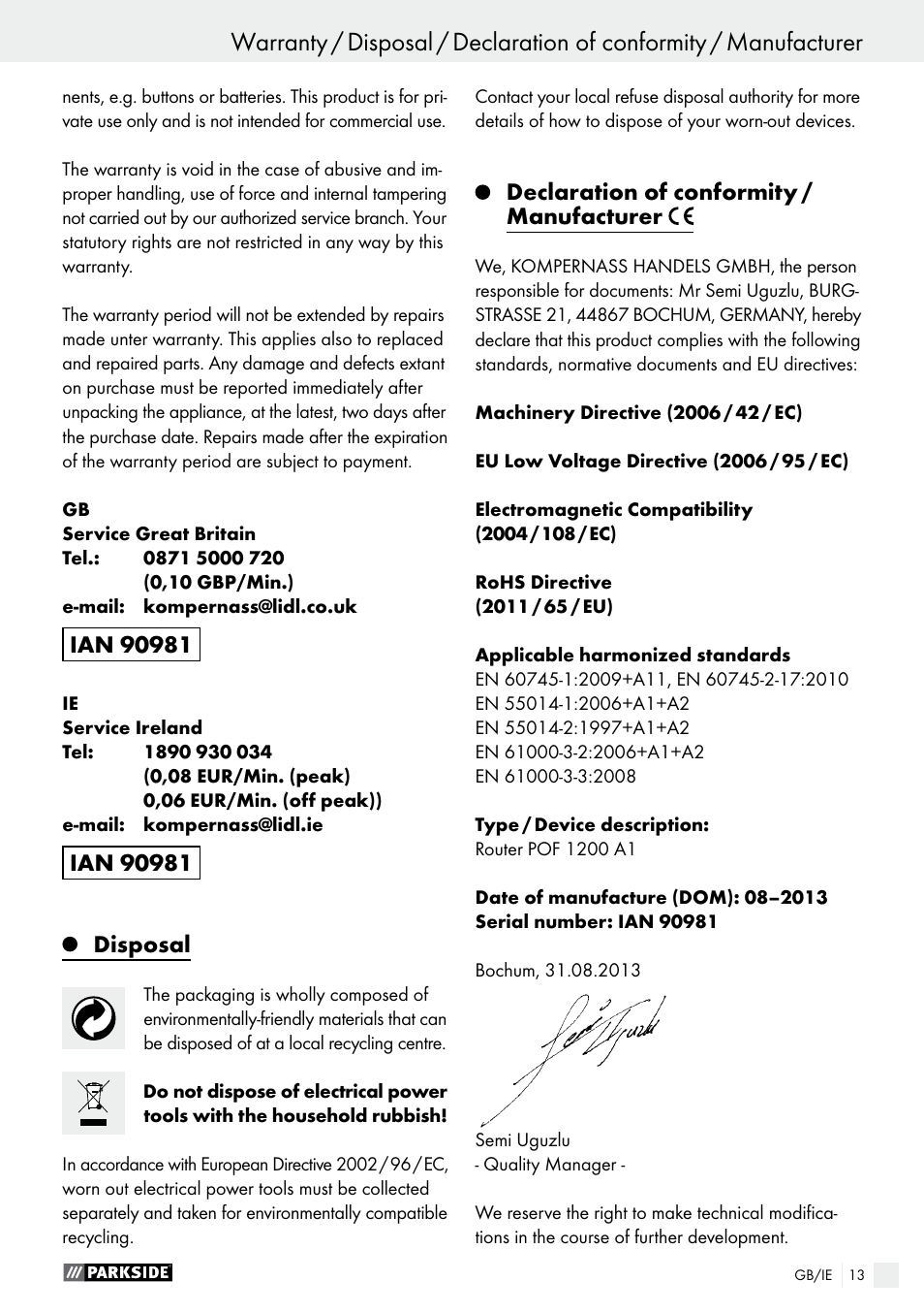 Declaration of conformity / manufacturer | Parkside POF 1200 A1 User Manual | Page 13 / 65