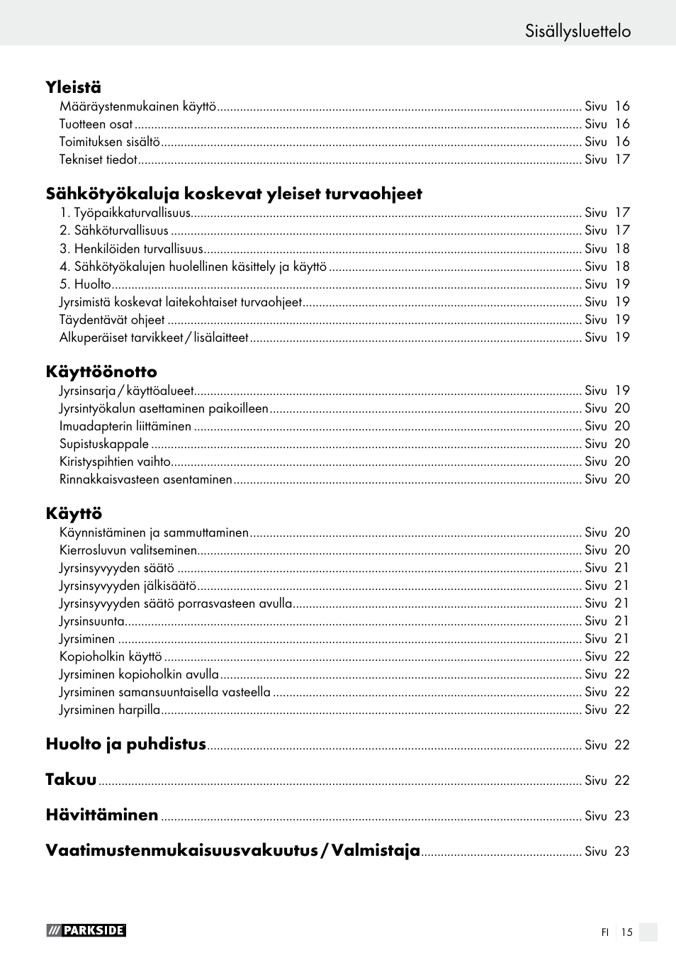 Sisällysluettelo | Parkside POF 1200 A1 User Manual | Page 15 / 65