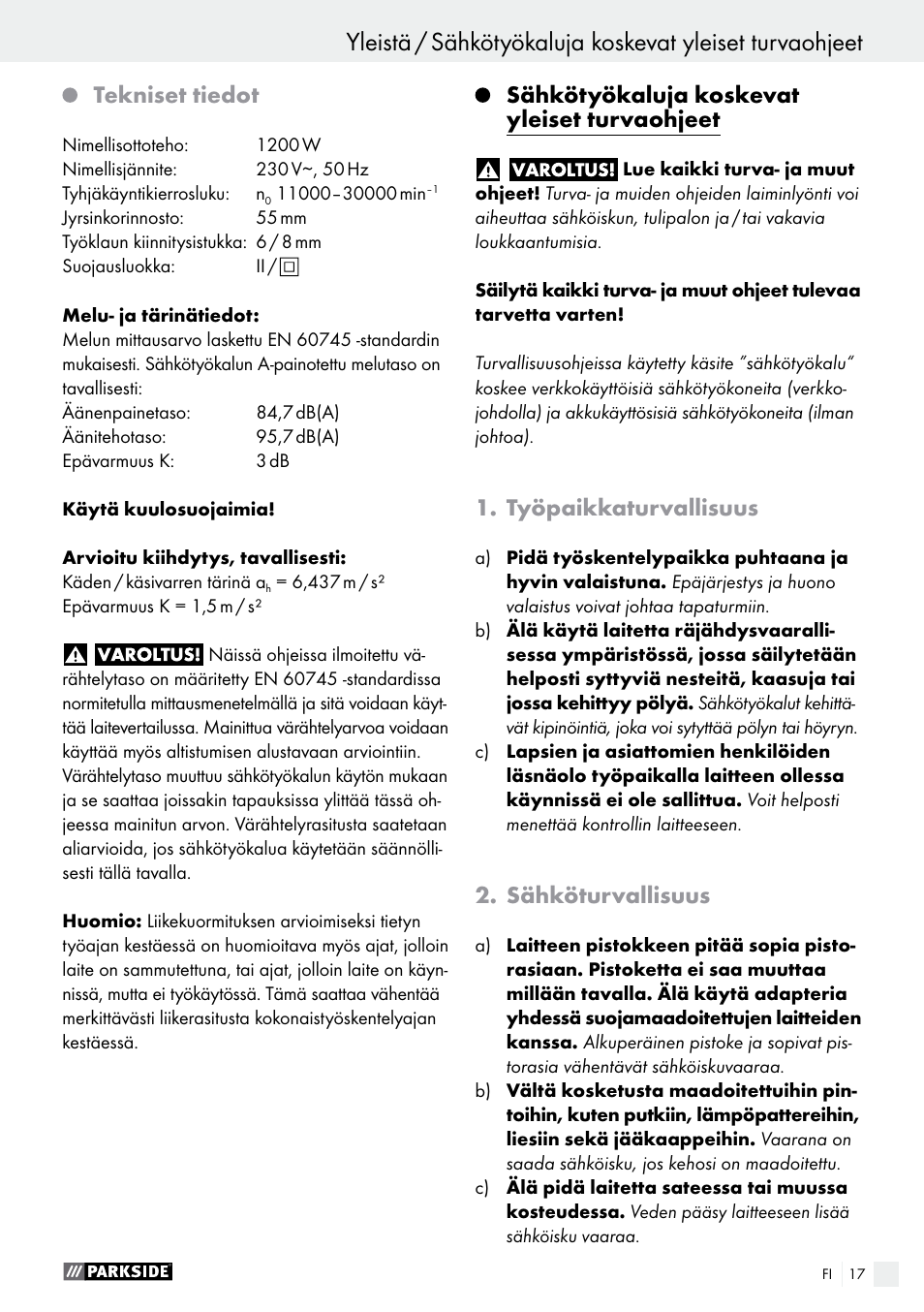 Tekniset tiedot, Sähkötyökaluja koskevat yleiset turvaohjeet, Työpaikkaturvallisuus | Sähköturvallisuus | Parkside POF 1200 A1 User Manual | Page 17 / 65