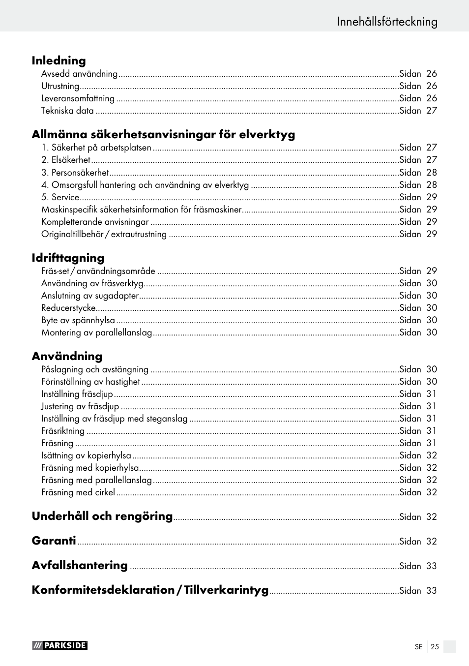 Innehållsförteckning | Parkside POF 1200 A1 User Manual | Page 25 / 65