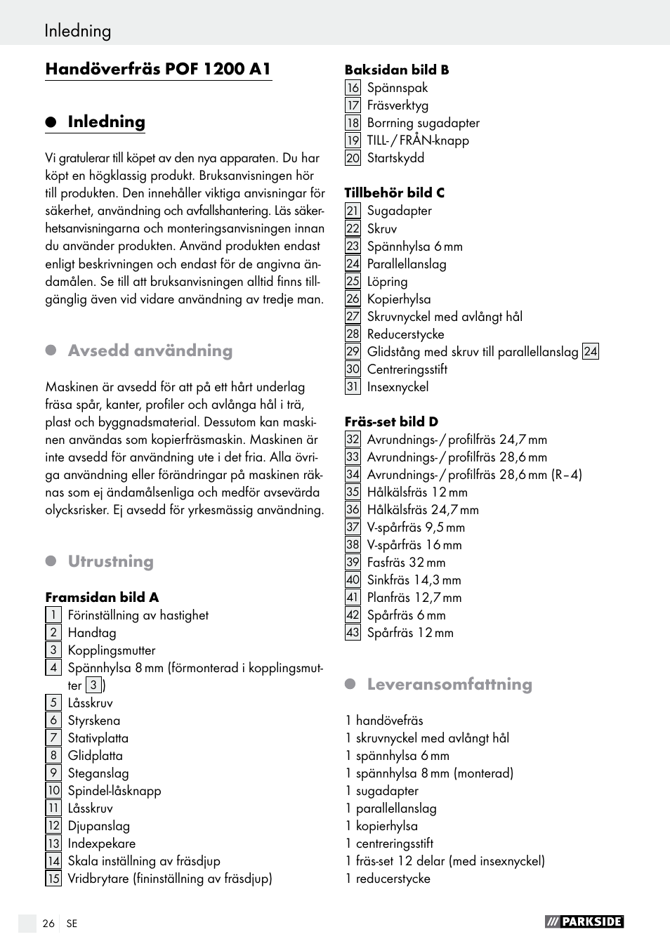 Inledning, Avsedd användning, Utrustning | Leveransomfattning | Parkside POF 1200 A1 User Manual | Page 26 / 65