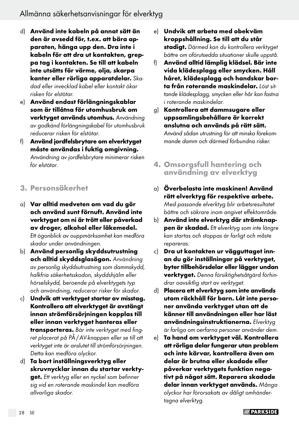 Personsäkerhet, Omsorgsfull hantering och användning av elverktyg | Parkside POF 1200 A1 User Manual | Page 28 / 65