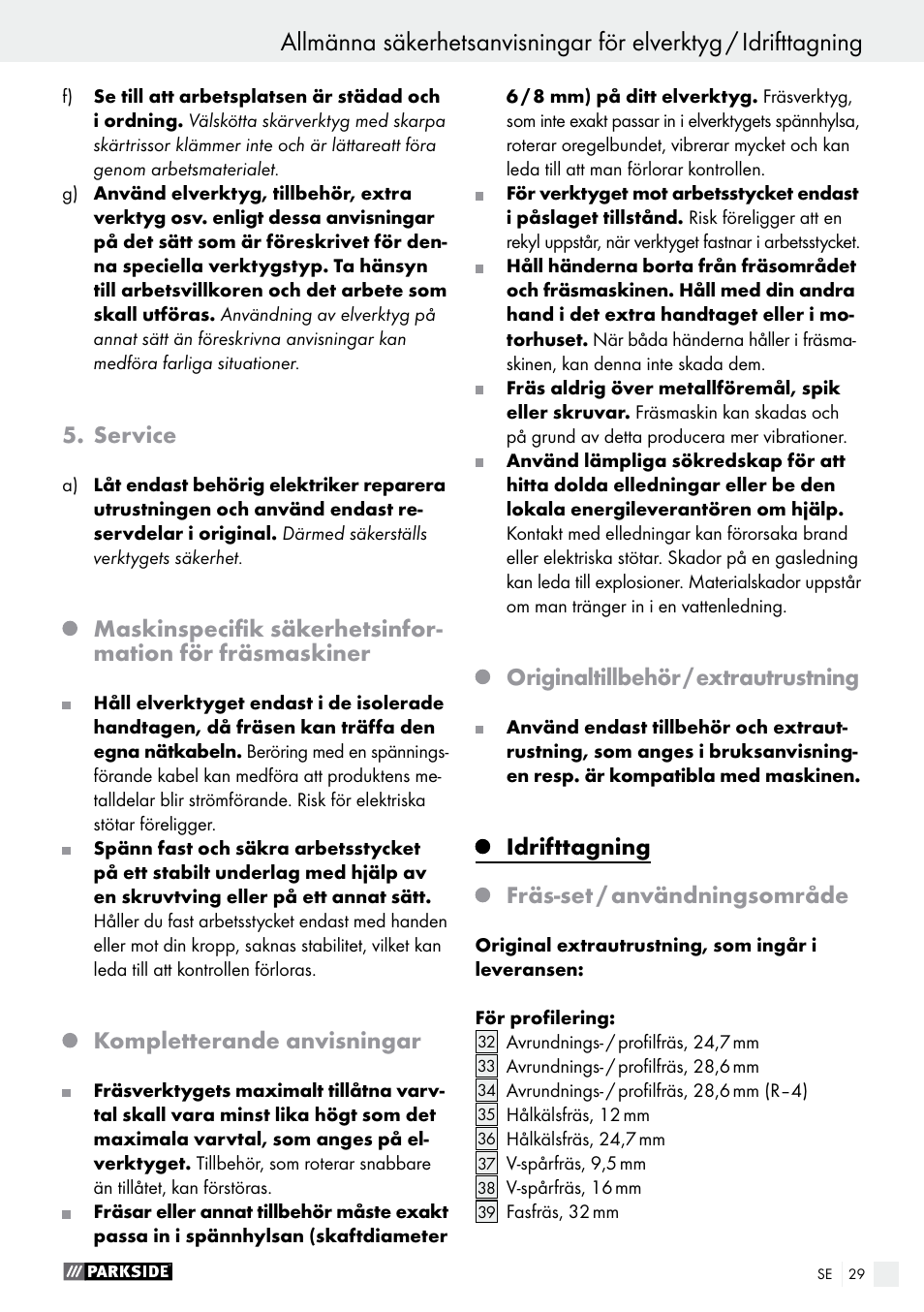 Service, Kompletterande anvisningar, Originaltillbehör / extrautrustning | Idrifttagning fräs-set / användningsområde | Parkside POF 1200 A1 User Manual | Page 29 / 65