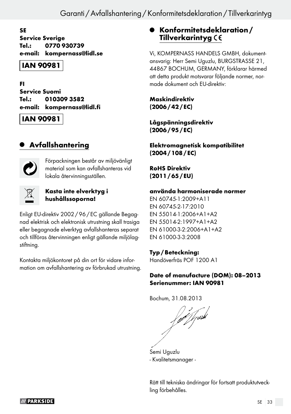 Parkside POF 1200 A1 User Manual | Page 33 / 65