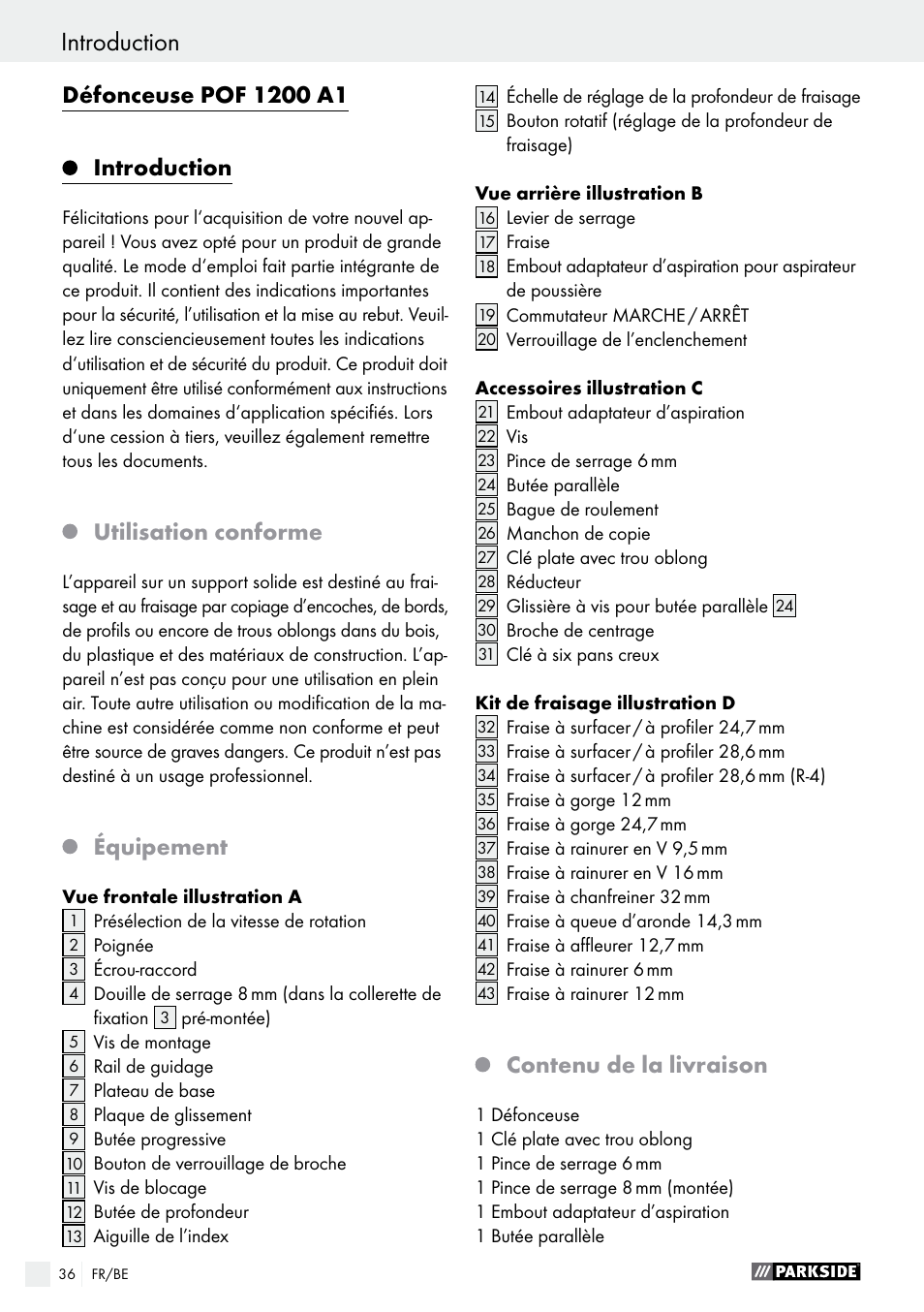 Utilisation conforme, Équipement, Contenu de la livraison | Parkside POF 1200 A1 User Manual | Page 36 / 65