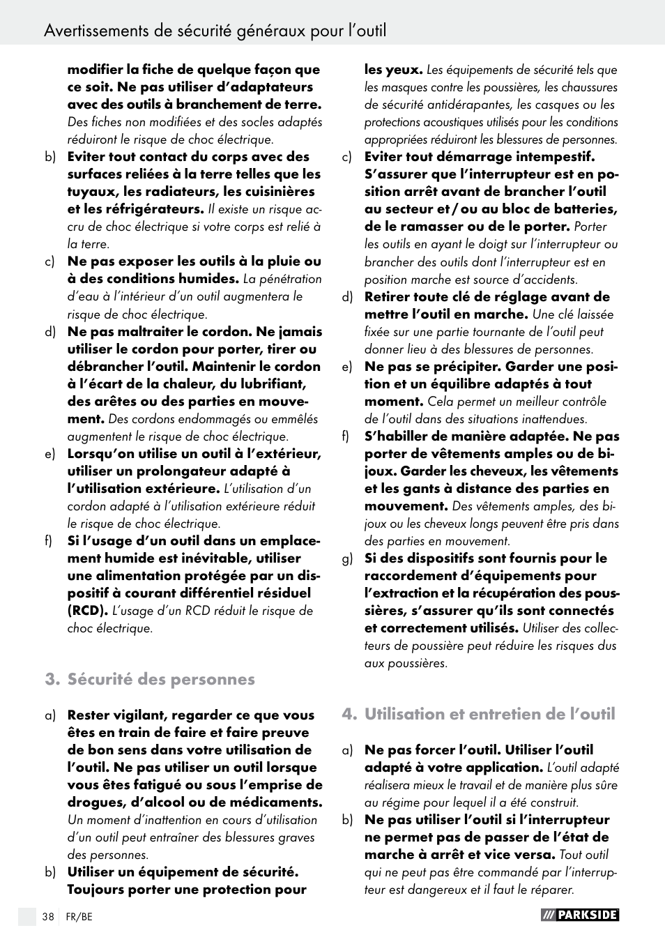 Avertissements de sécurité généraux pour l’outil, Sécurité des personnes, Utilisation et entretien de l’outil | Parkside POF 1200 A1 User Manual | Page 38 / 65