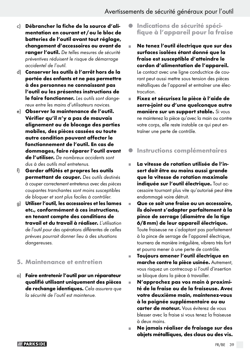 Avertissements de sécurité généraux pour l’outil | Parkside POF 1200 A1 User Manual | Page 39 / 65