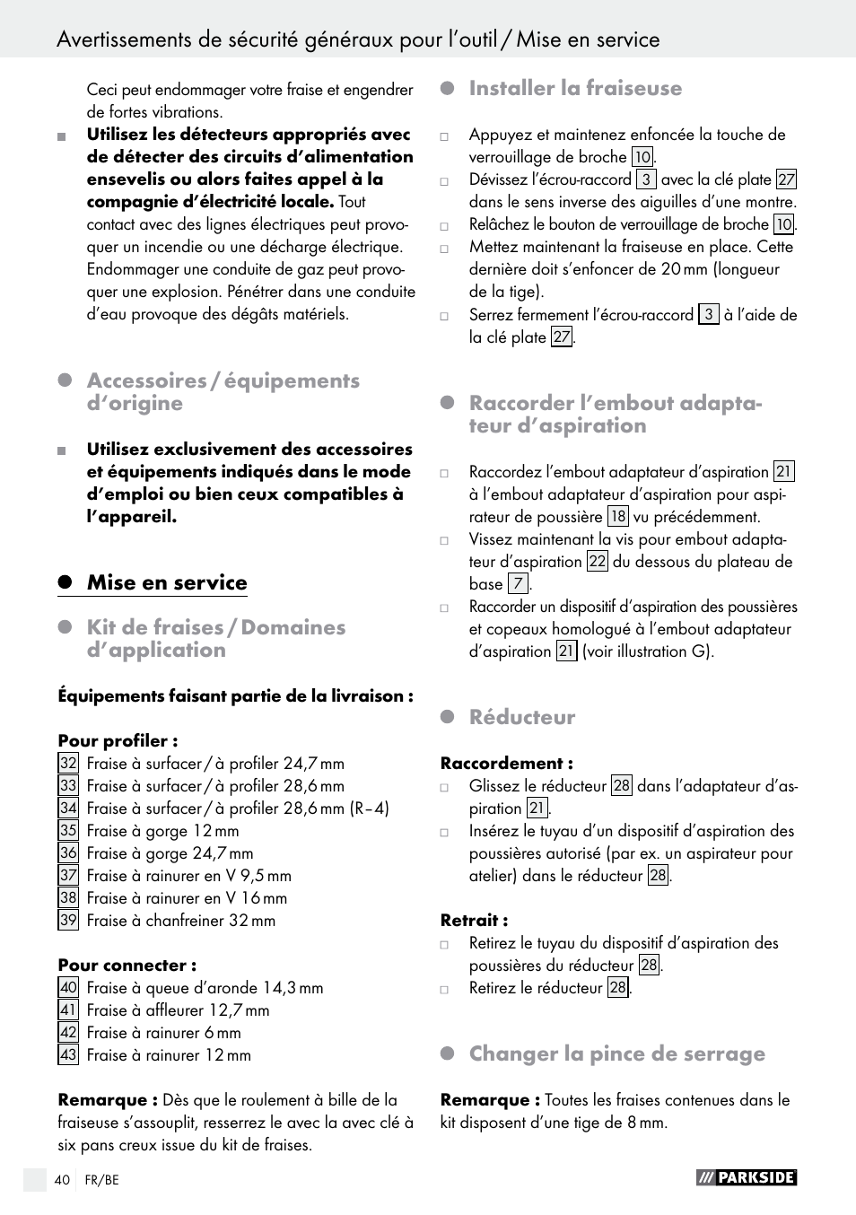 Accessoires / équipements d‘origine, Installer la fraiseuse, Raccorder l’embout adapta- teur d’aspiration | Réducteur, Changer la pince de serrage | Parkside POF 1200 A1 User Manual | Page 40 / 65