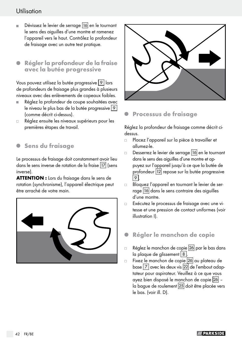 Sens du fraisage, Processus de fraisage, Régler le manchon de copie | Parkside POF 1200 A1 User Manual | Page 42 / 65