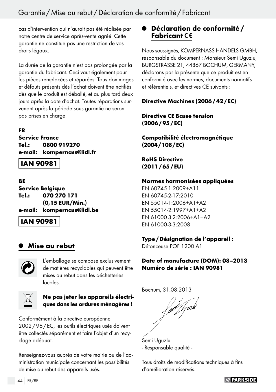 Inhoudsopgave | Parkside POF 1200 A1 User Manual | Page 44 / 65