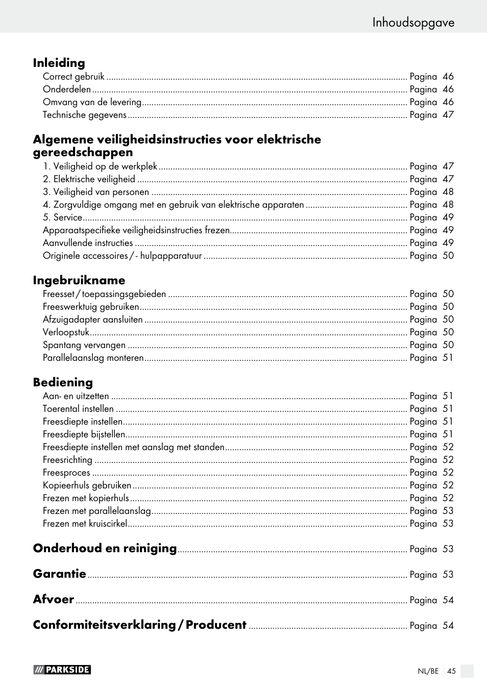 Inhoudsopgave | Parkside POF 1200 A1 User Manual | Page 45 / 65