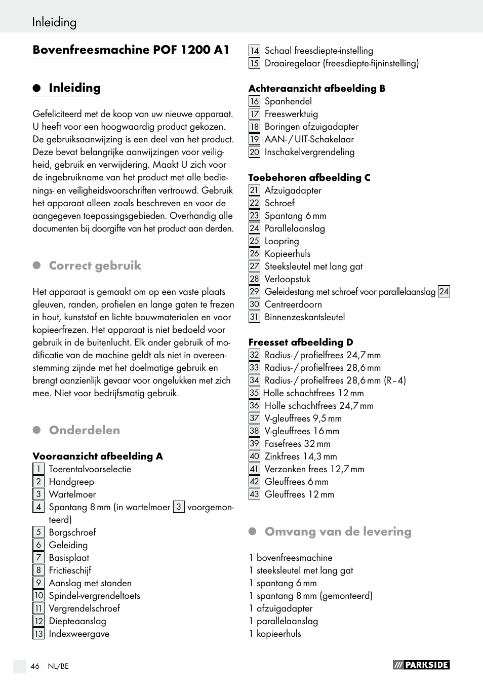 Inleiding, Correct gebruik, Onderdelen | Omvang van de levering | Parkside POF 1200 A1 User Manual | Page 46 / 65