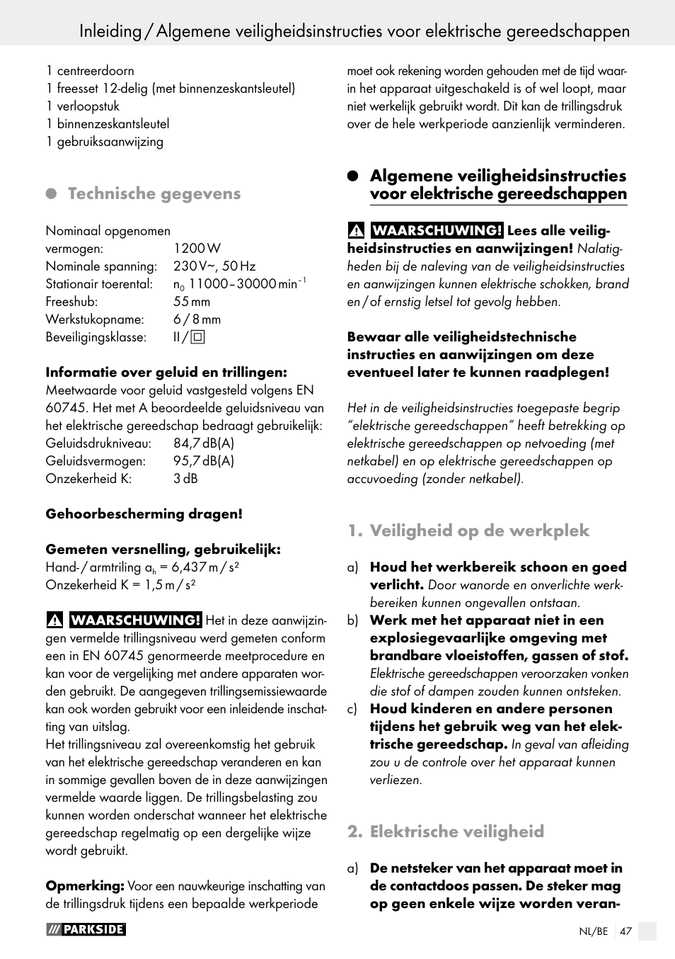 Technische gegevens, Veiligheid op de werkplek, Elektrische veiligheid | Parkside POF 1200 A1 User Manual | Page 47 / 65