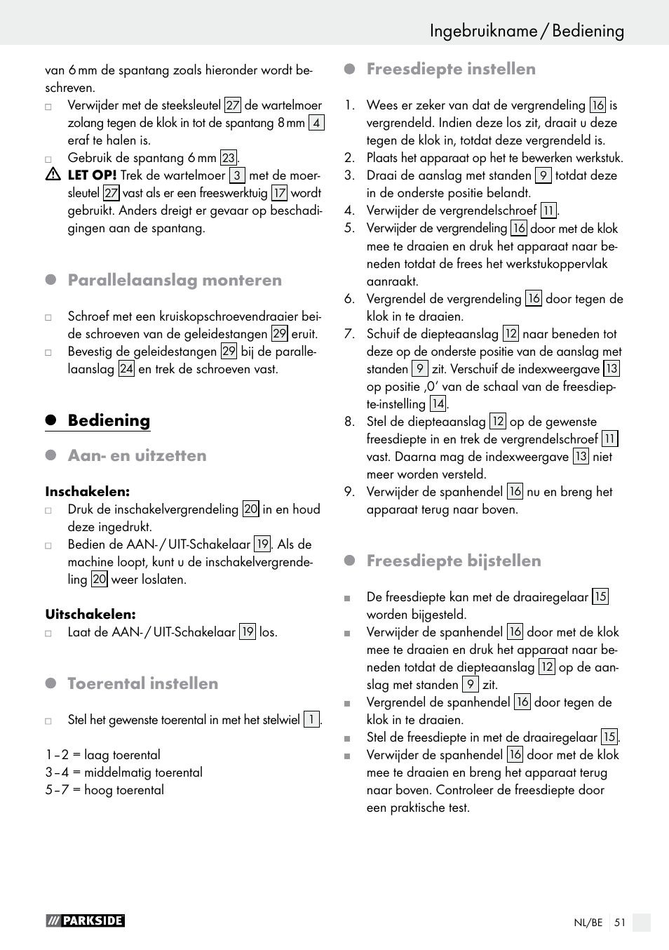 Parallelaanslag monteren, Bediening aan- en uitzetten, Toerental instellen | Freesdiepte instellen, Freesdiepte bijstellen | Parkside POF 1200 A1 User Manual | Page 51 / 65