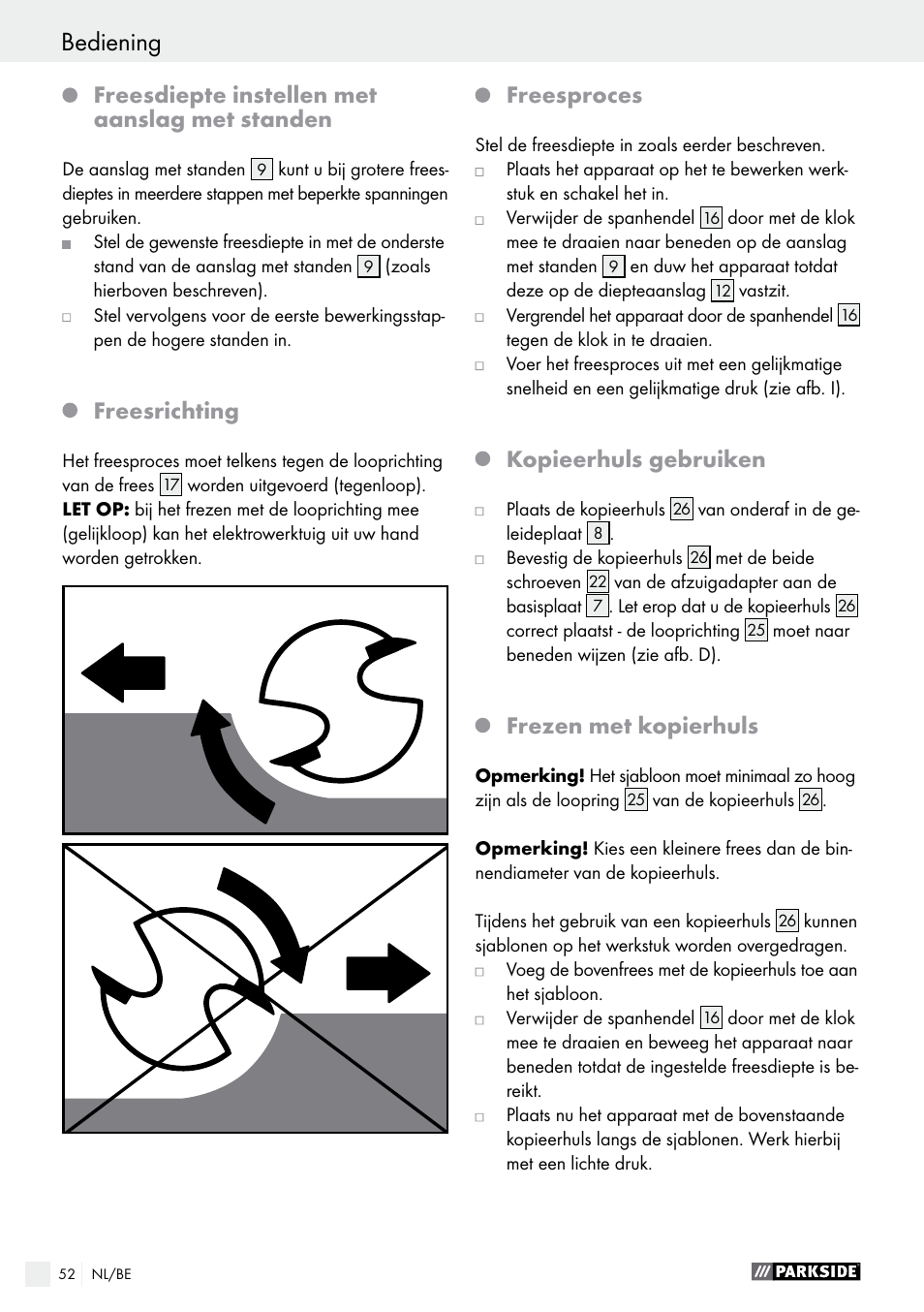 Freesdiepte instellen met aanslag met standen, Freesrichting, Freesproces | Kopieerhuls gebruiken, Frezen met kopierhuls | Parkside POF 1200 A1 User Manual | Page 52 / 65