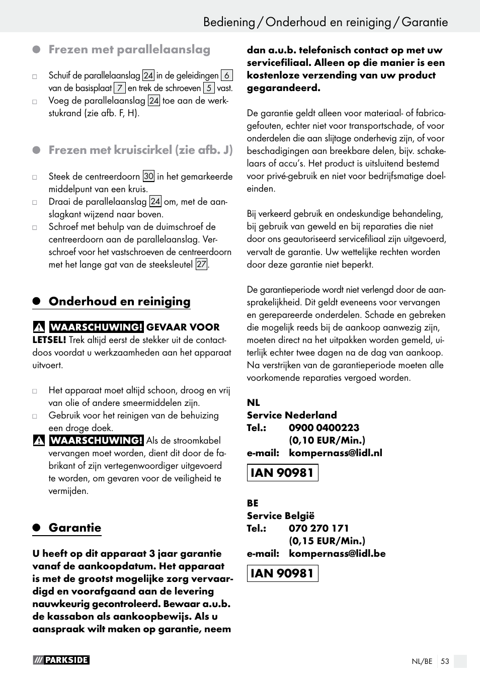 Frezen met parallelaanslag, Frezen met kruiscirkel (zie afb. j), Onderhoud en reiniging | Garantie | Parkside POF 1200 A1 User Manual | Page 53 / 65