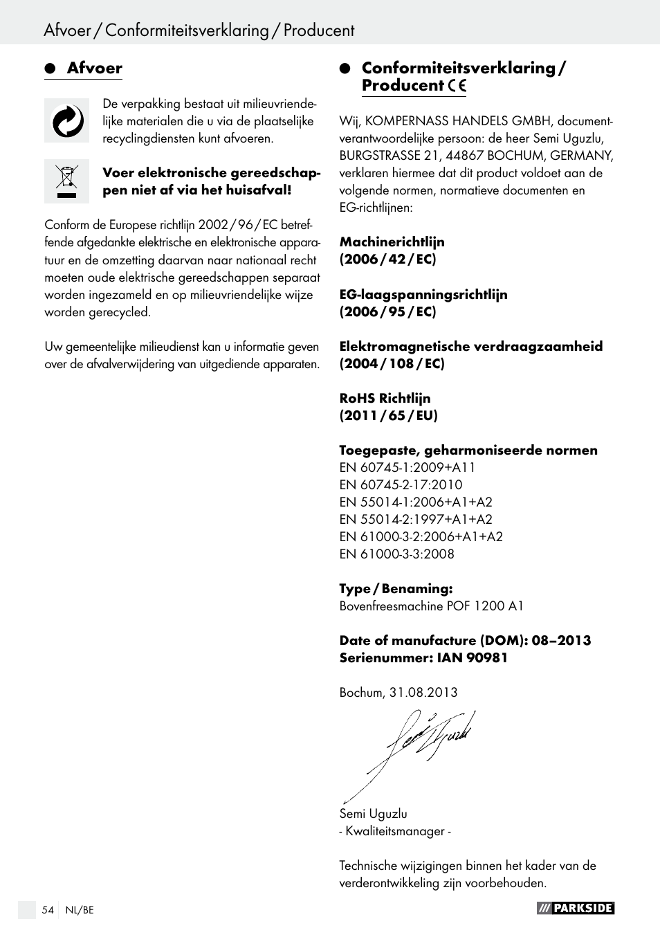 Parkside POF 1200 A1 User Manual | Page 54 / 65