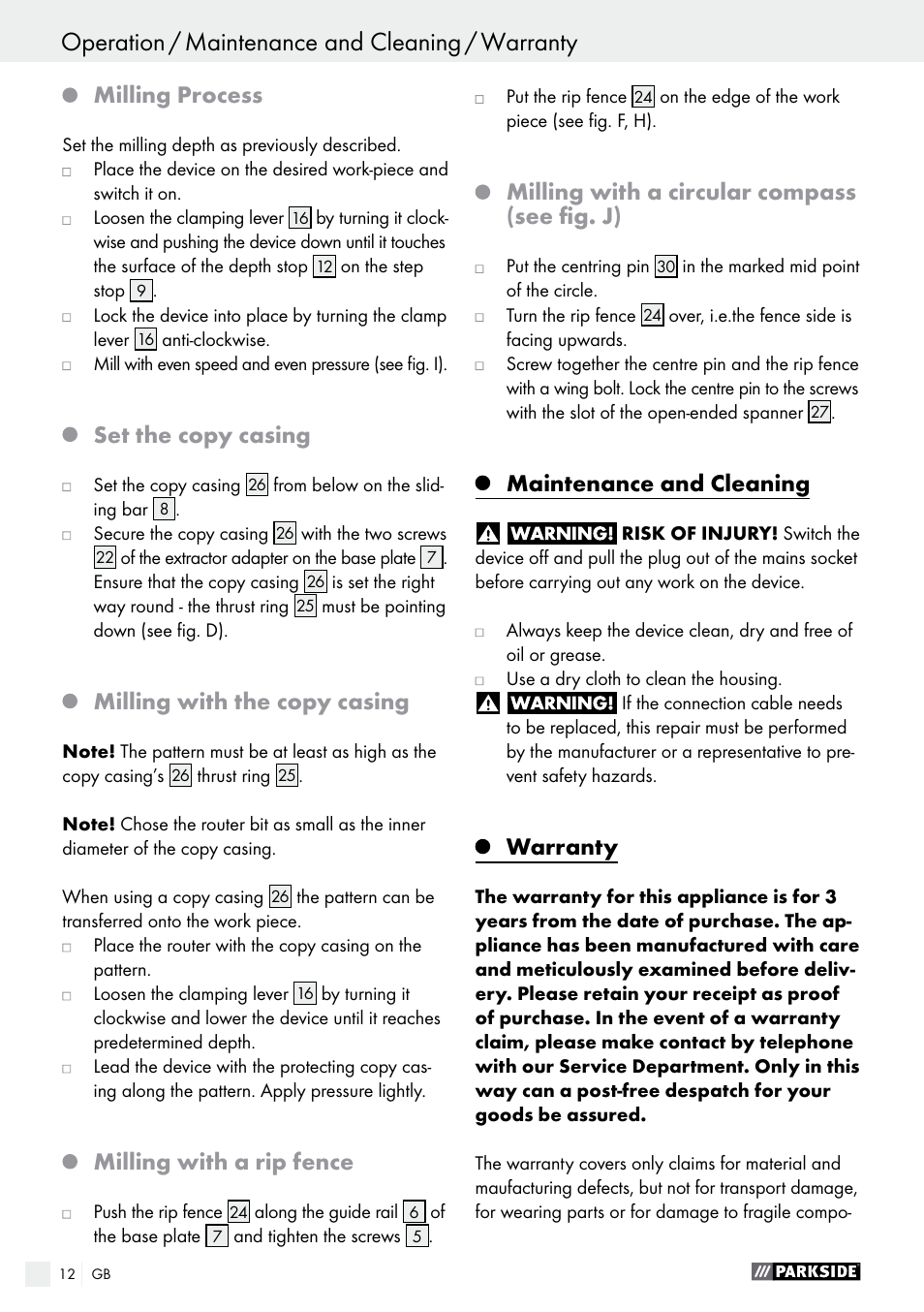 Milling process, Set the copy casing, Milling with the copy casing | Milling with a rip fence, Milling with a circular compass (see fig. j), Maintenance and cleaning, Warranty | Parkside POF 1200 A1 User Manual | Page 12 / 77