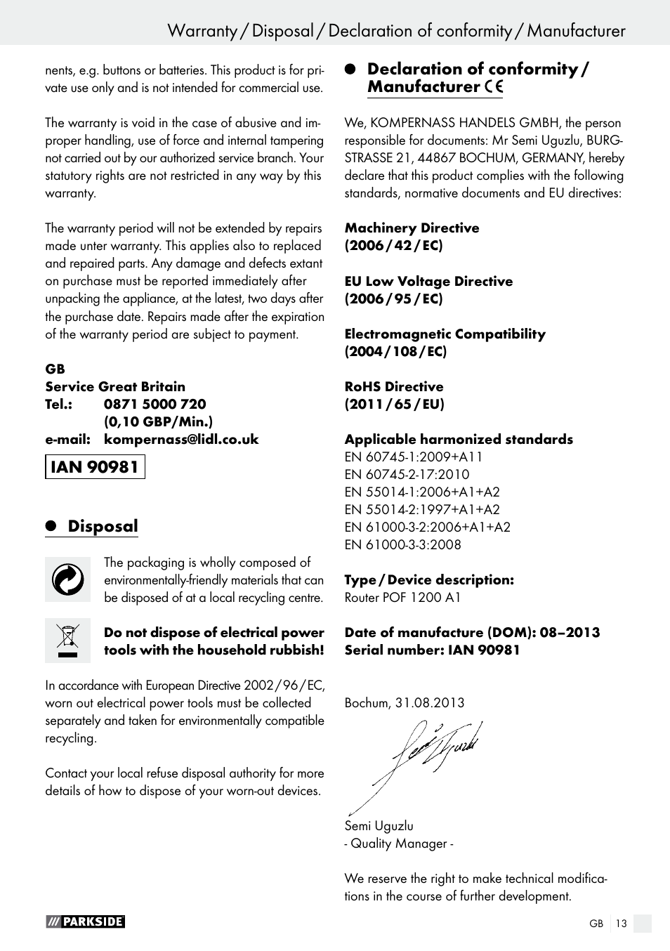 Declaration of conformity / manufacturer | Parkside POF 1200 A1 User Manual | Page 13 / 77