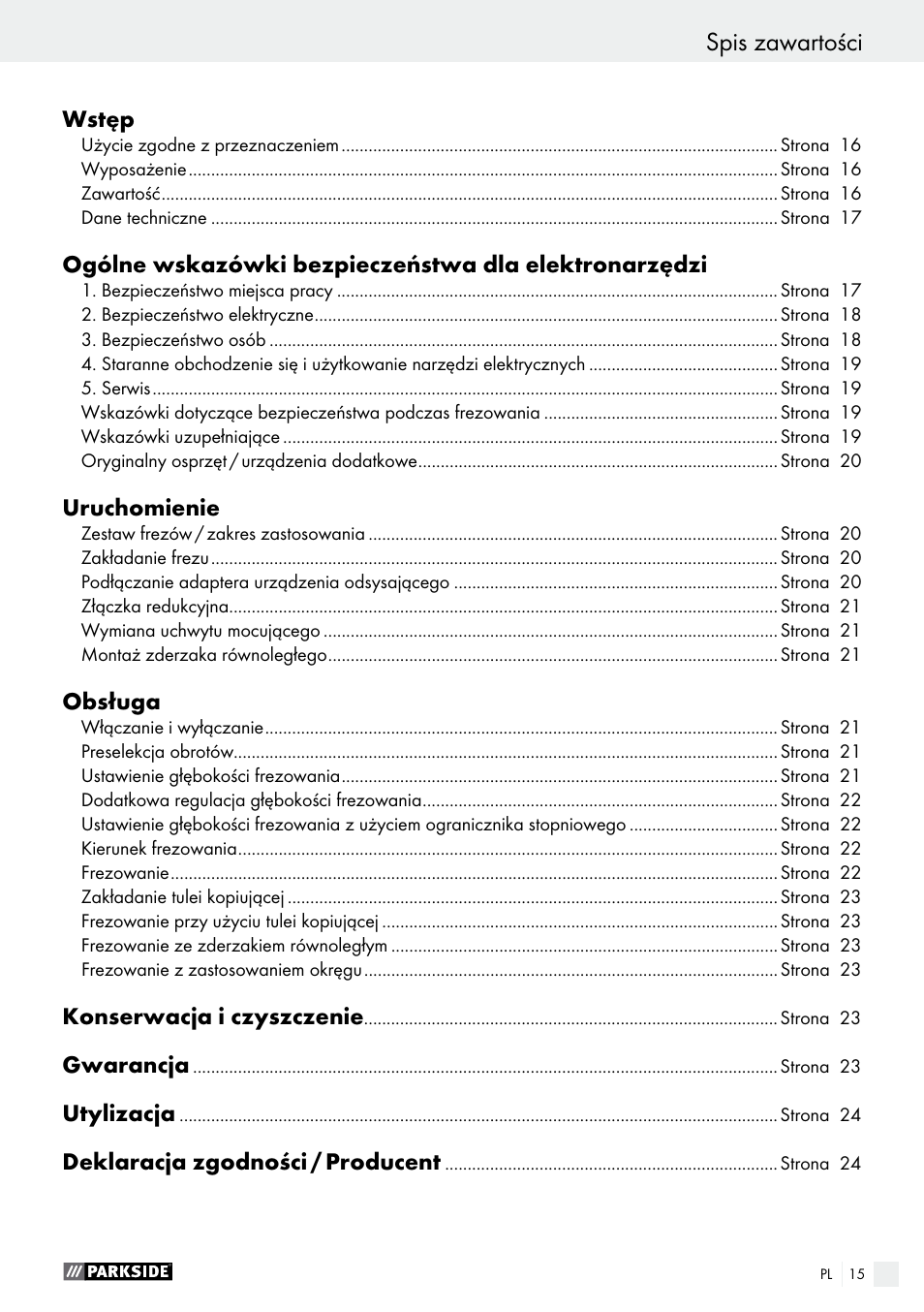 Spis zawartości | Parkside POF 1200 A1 User Manual | Page 15 / 77