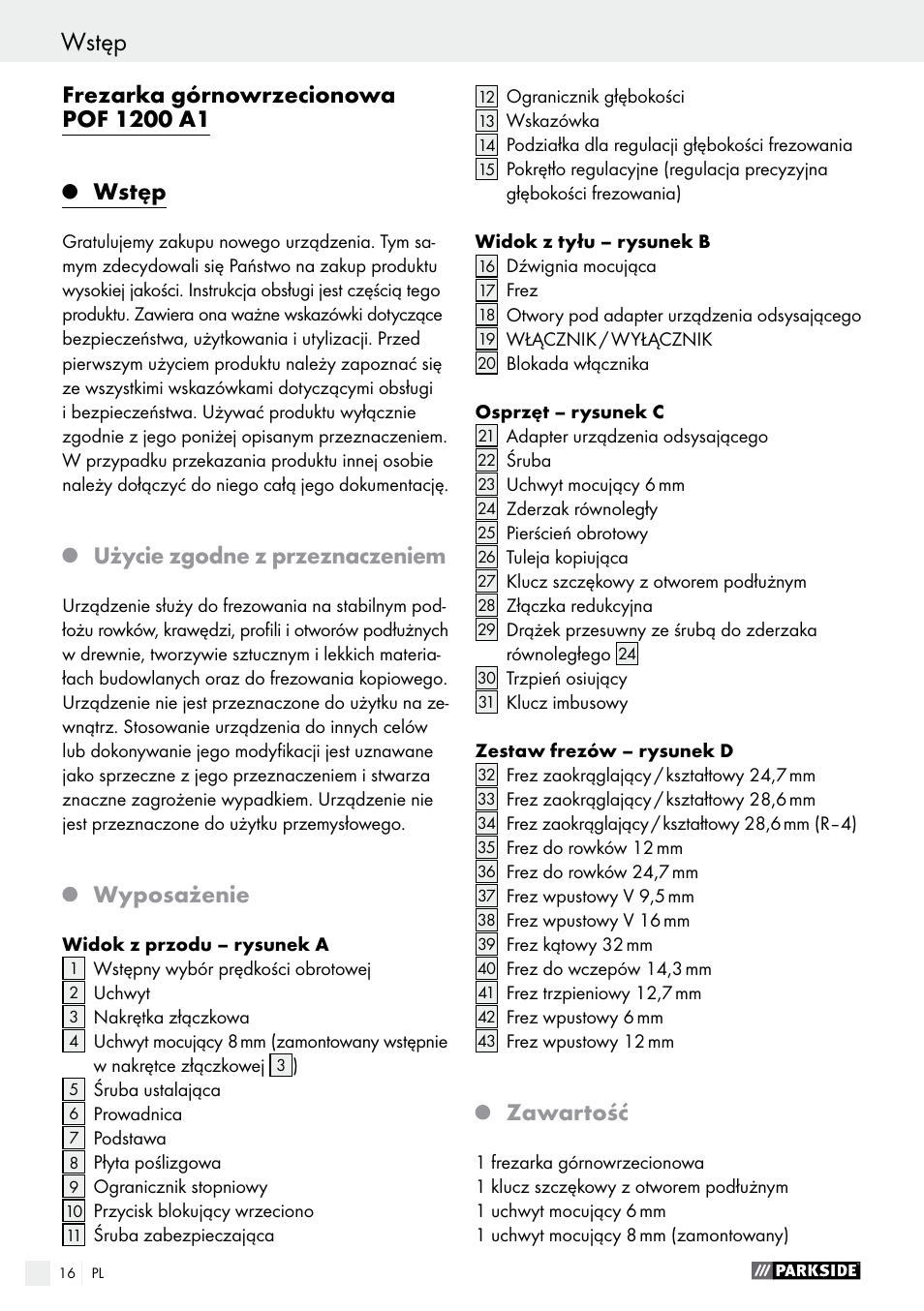 Wstęp, Użycie zgodne z przeznaczeniem, Wyposażenie | Zawartość | Parkside POF 1200 A1 User Manual | Page 16 / 77