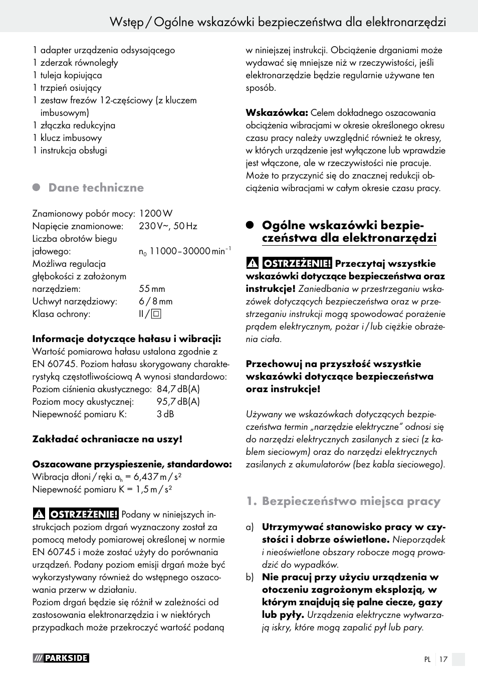 Dane techniczne, Bezpieczeństwo miejsca pracy | Parkside POF 1200 A1 User Manual | Page 17 / 77