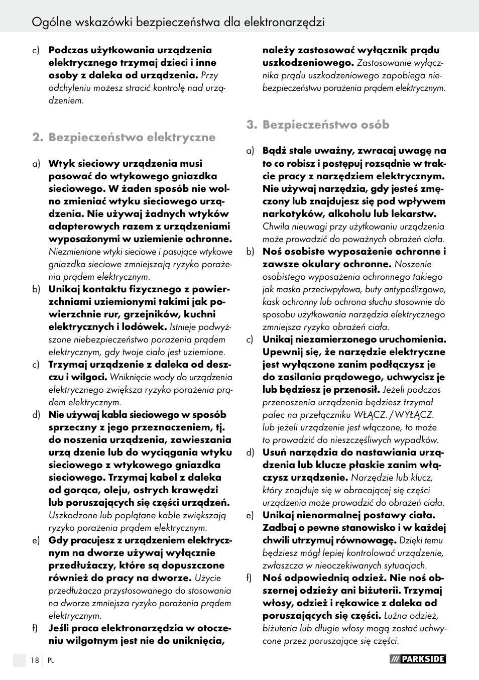 Bezpieczeństwo elektryczne, Bezpieczeństwo osób | Parkside POF 1200 A1 User Manual | Page 18 / 77