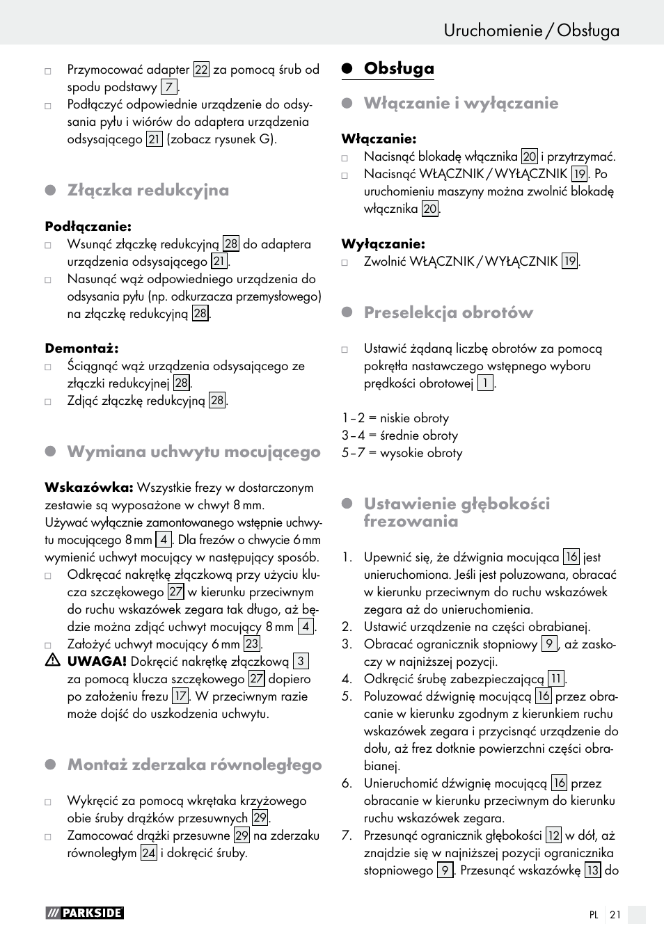 Złączka redukcyjna, Wymiana uchwytu mocującego, Montaż zderzaka równoległego | Obsługa włączanie i wyłączanie, Preselekcja obrotów, Ustawienie głębokości frezowania | Parkside POF 1200 A1 User Manual | Page 21 / 77