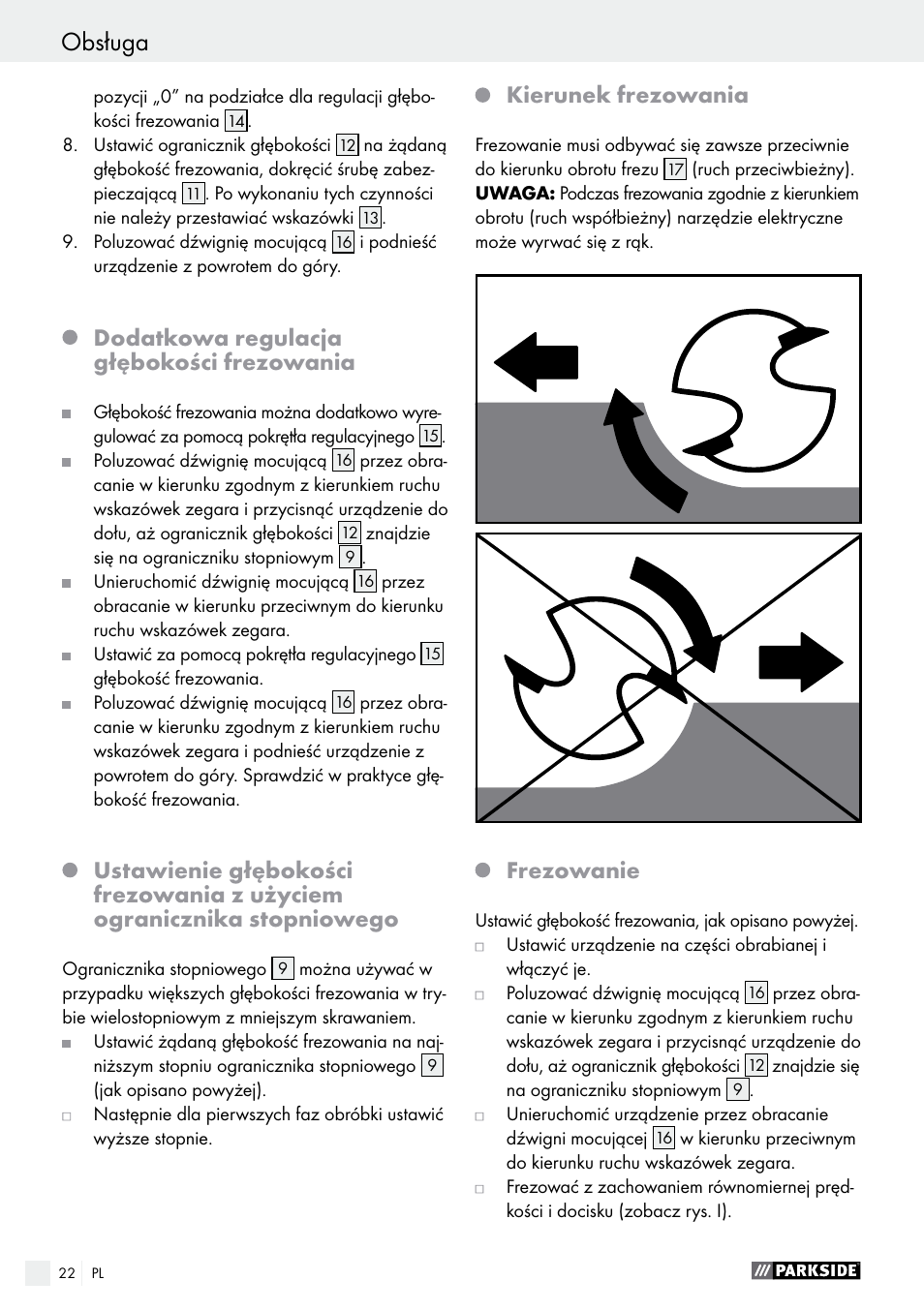 Dodatkowa regulacja głębokości frezowania, Kierunek frezowania, Frezowanie | Parkside POF 1200 A1 User Manual | Page 22 / 77