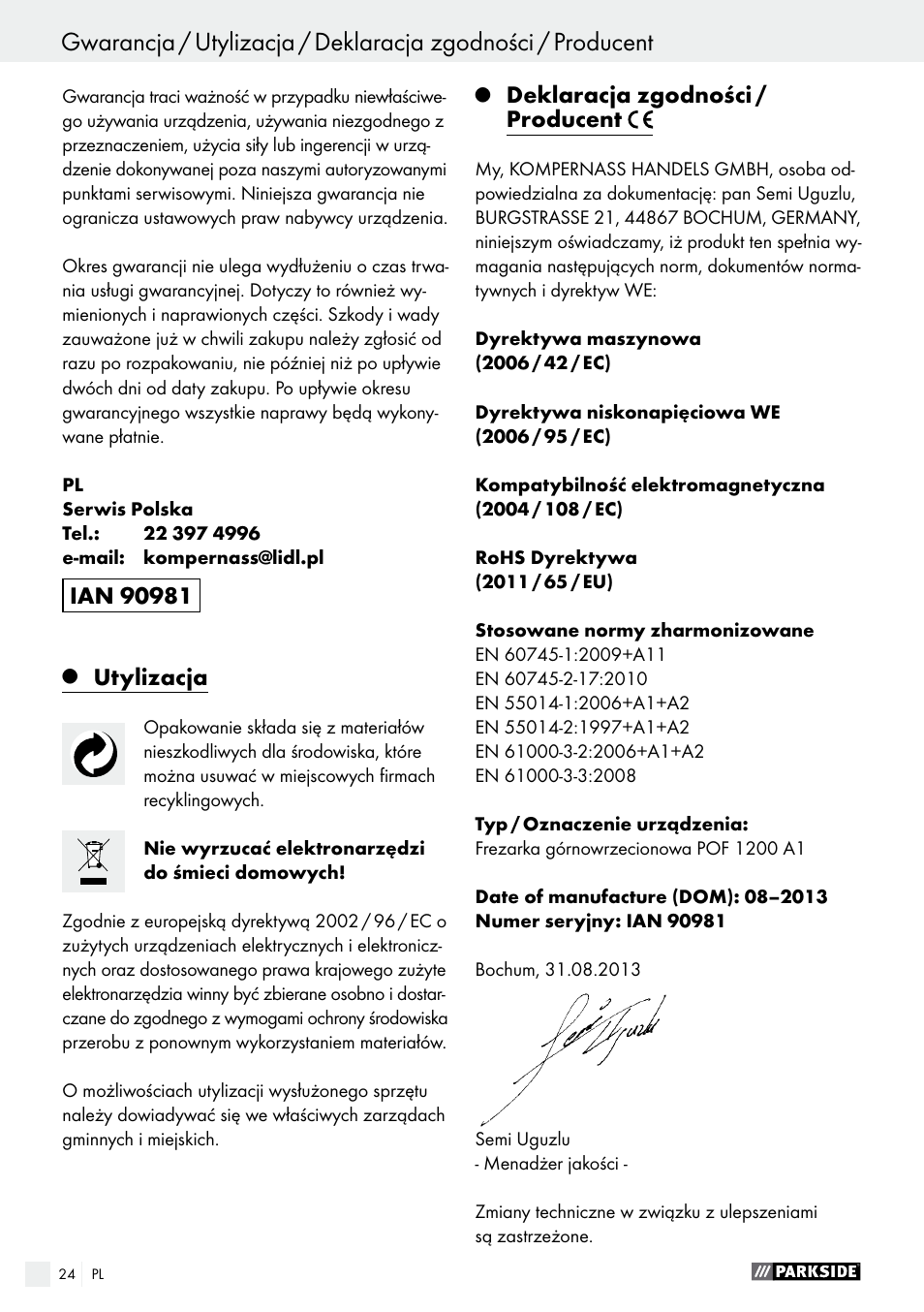 Tartalomjegyzék, Utylizacja, Deklaracja zgodności / producent | Parkside POF 1200 A1 User Manual | Page 24 / 77