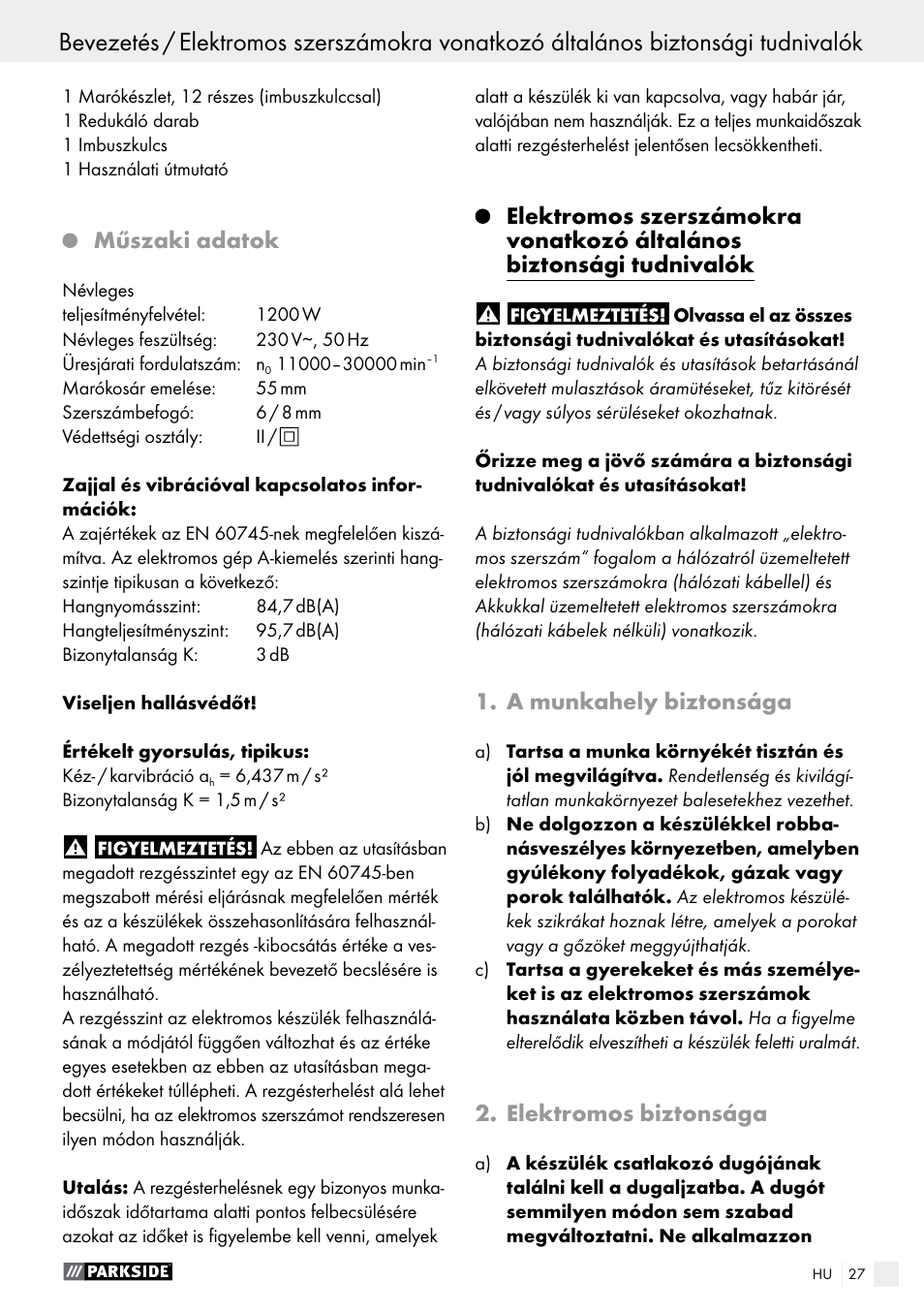 Műszaki adatok, A munkahely biztonsága, Elektromos biztonsága | Parkside POF 1200 A1 User Manual | Page 27 / 77